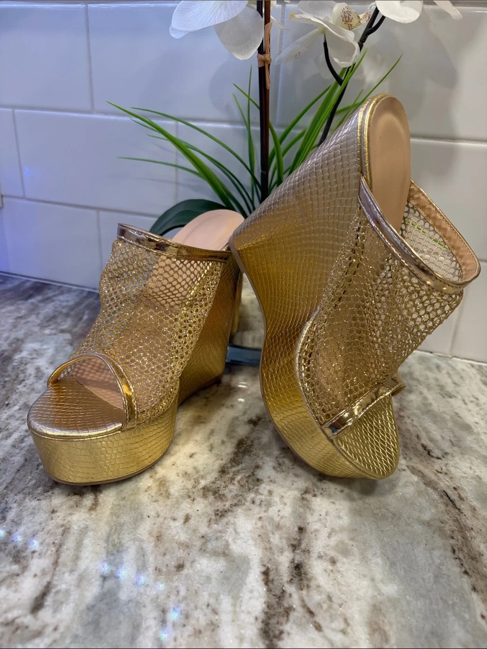 Gold Wedge Sandals - Party, costume, festival, Metallic Slides size 7